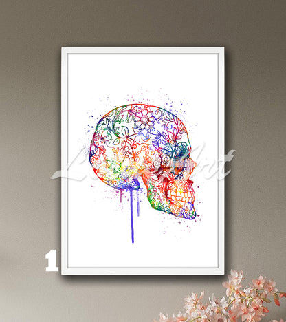 Watercolor Sugar Skull Print – Boho Skull Wall Art Decor – Good Luck Gift