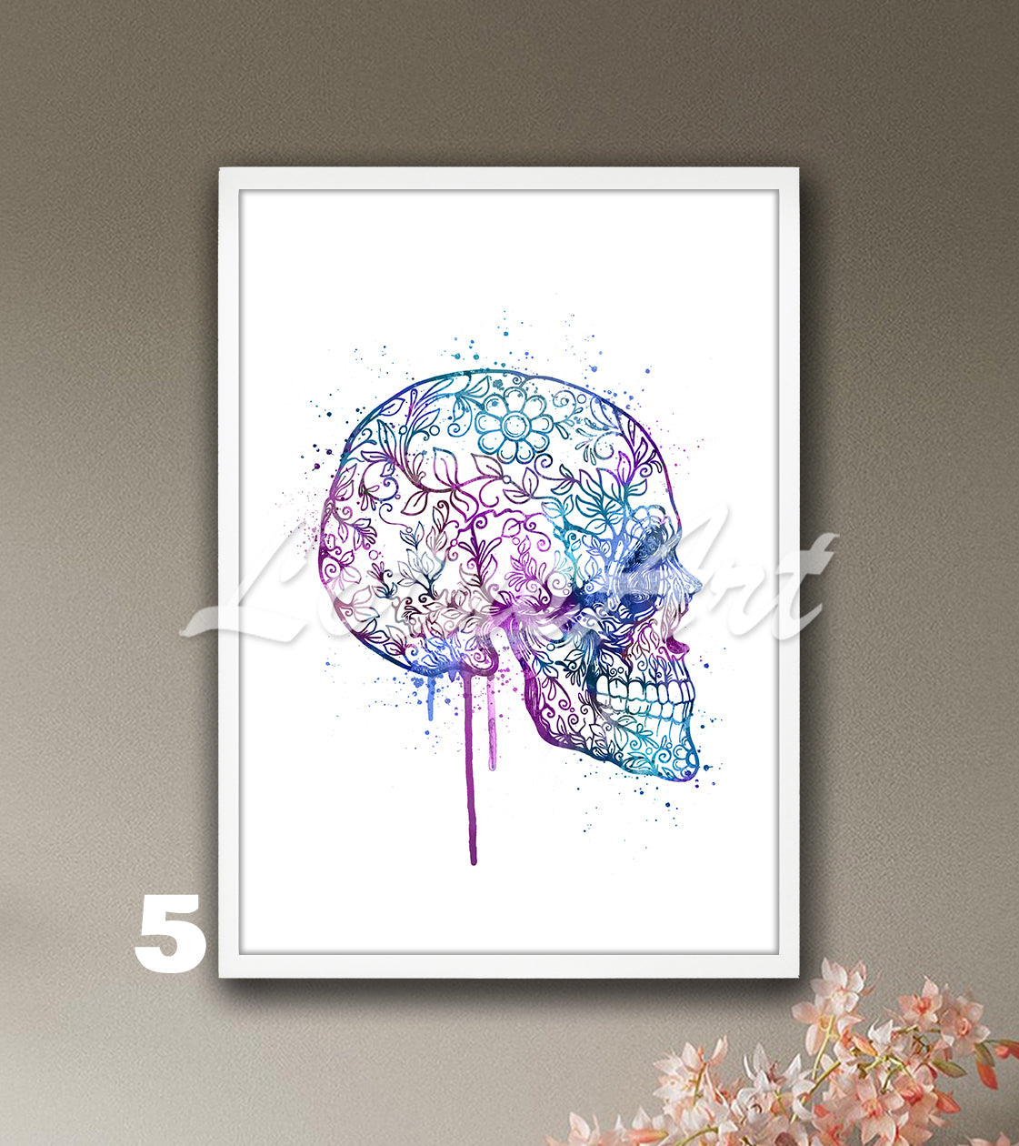 Watercolor Sugar Skull Print – Boho Skull Wall Art Decor – Good Luck Gift