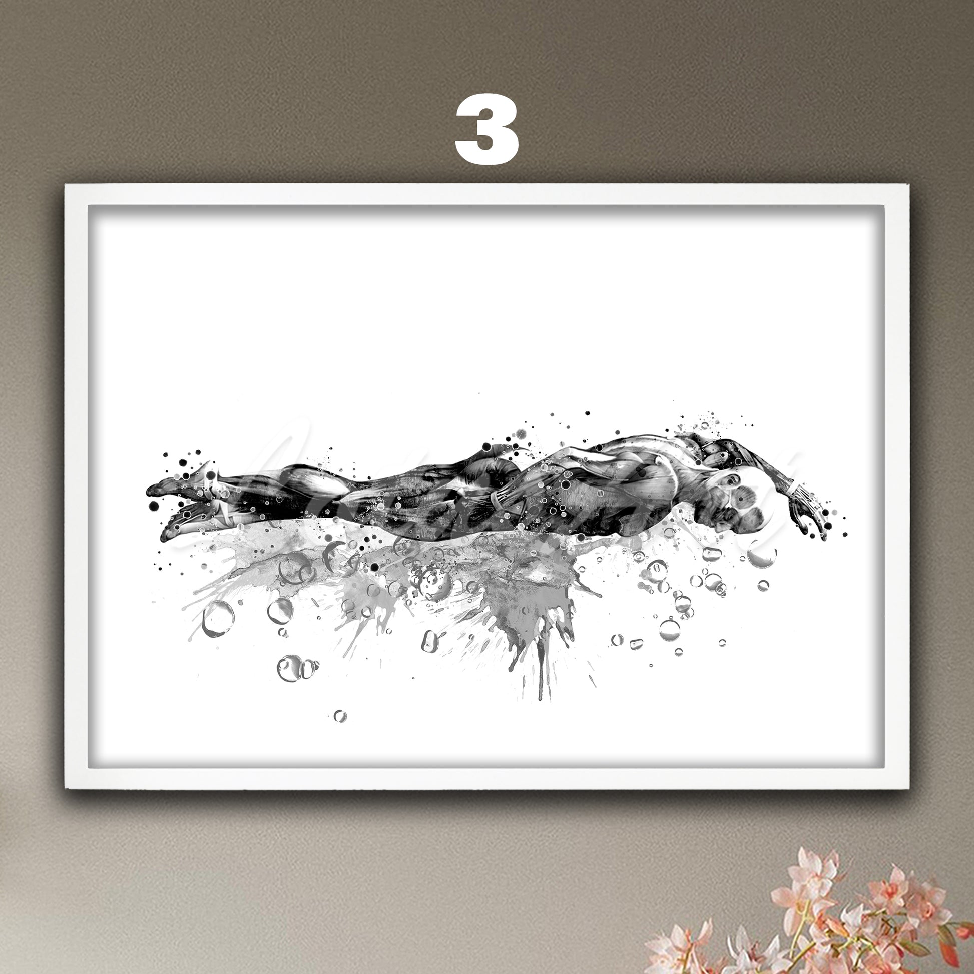 Body muscles anatomy wall art print of black-wite male swimmer painting, sports medical watercolor decor.