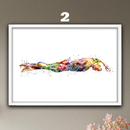 Swimming body muscles anatomy art print, sports poster, medical watercolor painting.