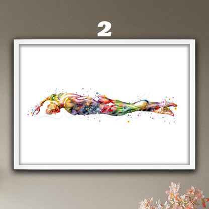 Swimmer body muscles anatomy watercolor painting in multicolor tones, medical sports wall art & doctor office decor