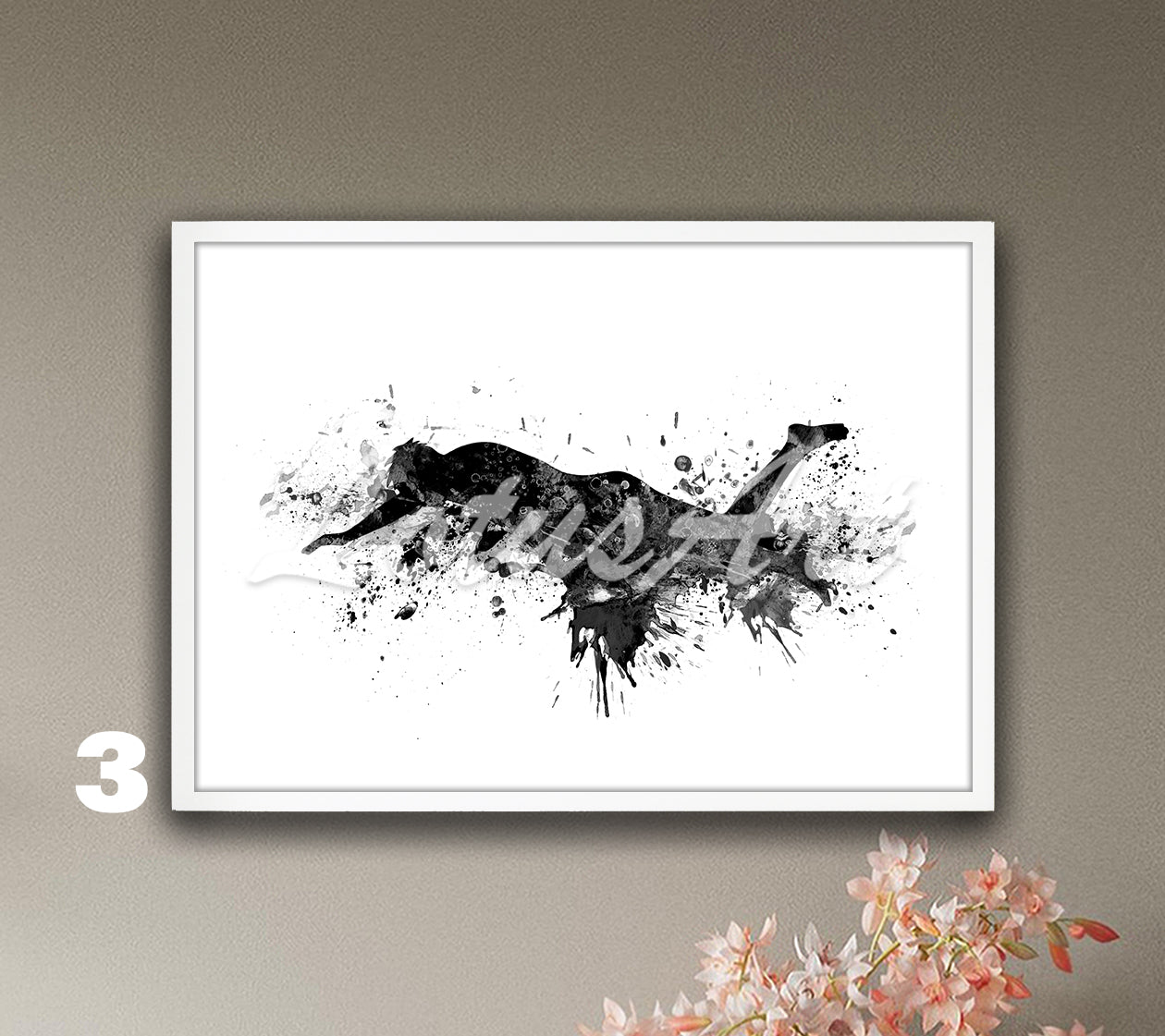 Swimming boy watercolor sports art in black tones - minimalist kids room decor