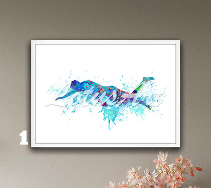 Swimming boy watercolor print - water sports wall art for kids room