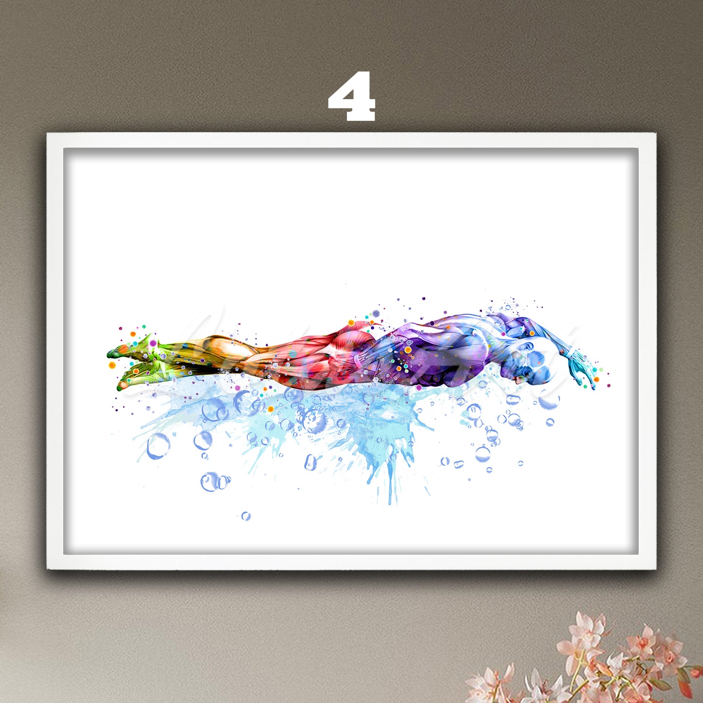 Body muscles anatomy wall art print of male swimming rainbow illustration, sports medical watercolor decor