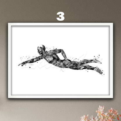 Female swimming body muscles anatomy art print of black-white sports medical watercolor wall decor.