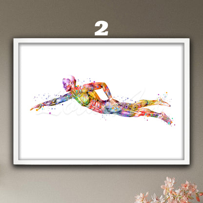 Print of female swimming body muscles anatomyart artwork, multicolor sports medical watercolor wall decor.