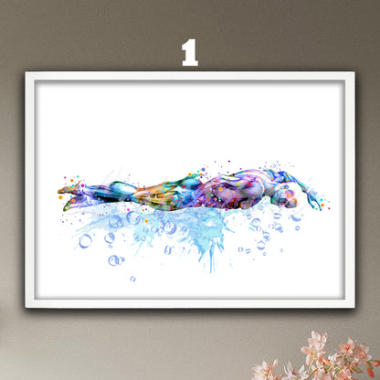 Male swimming body muscles anatomy wall art print of multicolor sports medical watercolor painting.