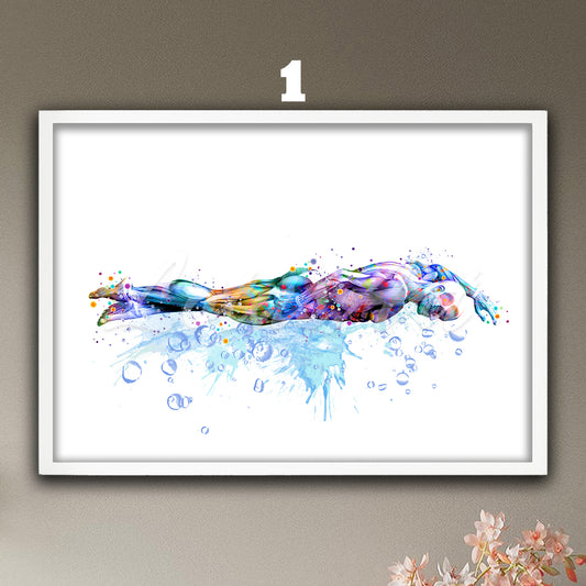 Male swimming body muscles anatomy wall art print of multicolor sports medical watercolor painting.