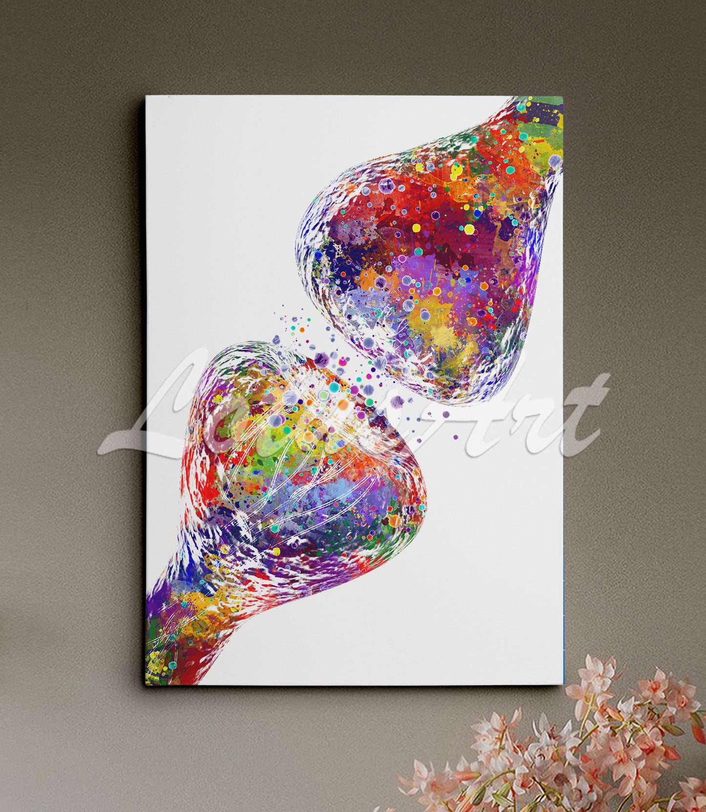Stretched canvas art print of a watercolor paintingrk of synapse receptor of the brain anatomy – medical neuroscience decor.