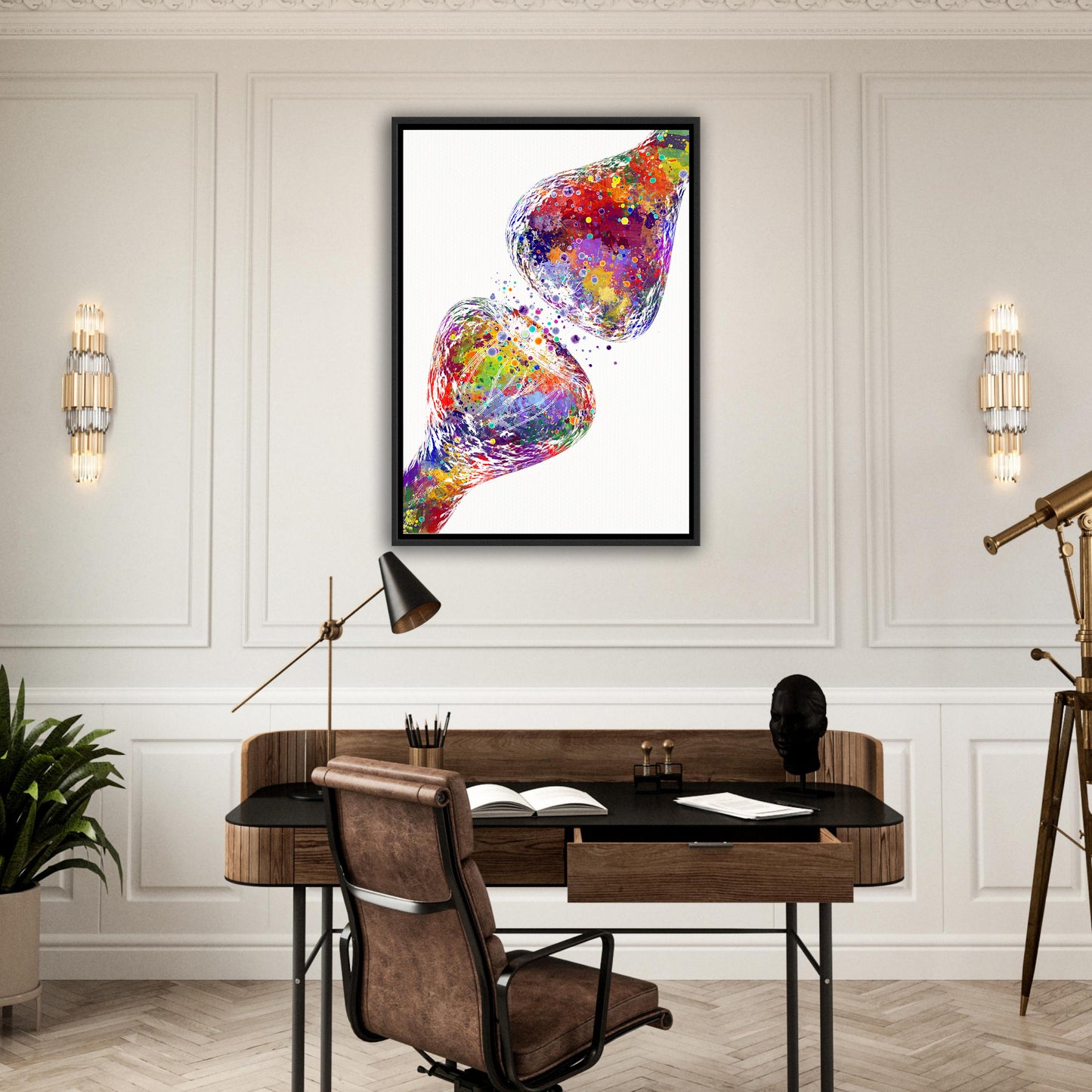 Canvas art print of a colorful watercolor painting of synapse receptor of the brain cell anatomy – framed medical decor.
