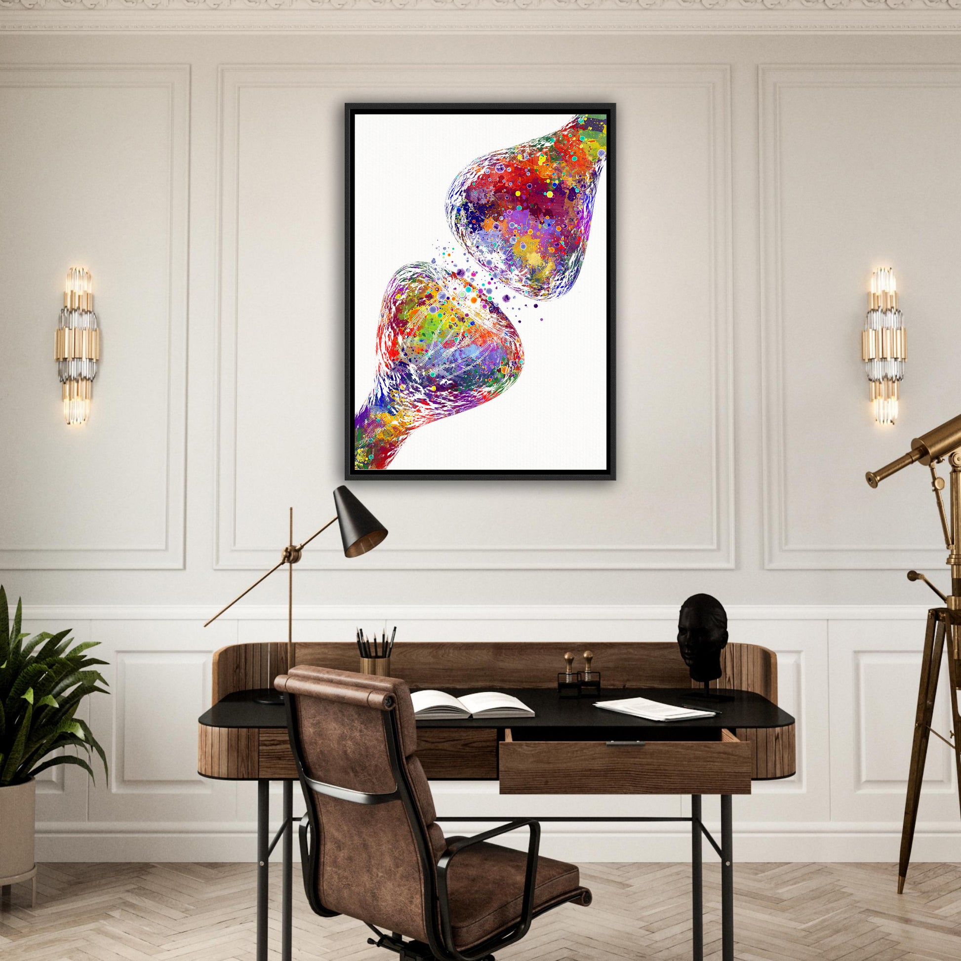 Canvas art print of a colorful watercolor painting of synapse receptor of the brain cell anatomy – framed medical decor.