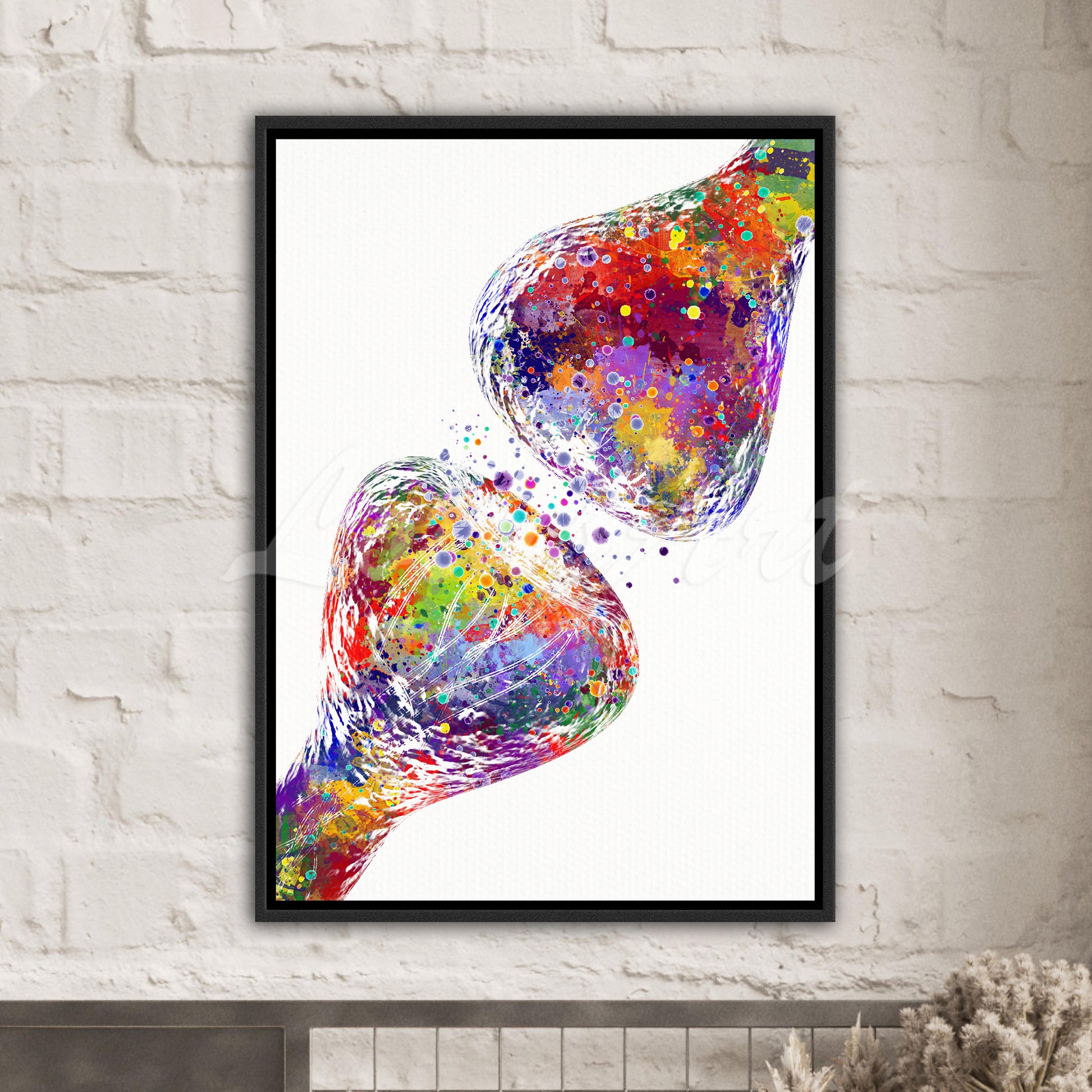 Art print on canvas of a multicolor watercolor painting of the synapse receptor of brain anatomy - framed medical decor.