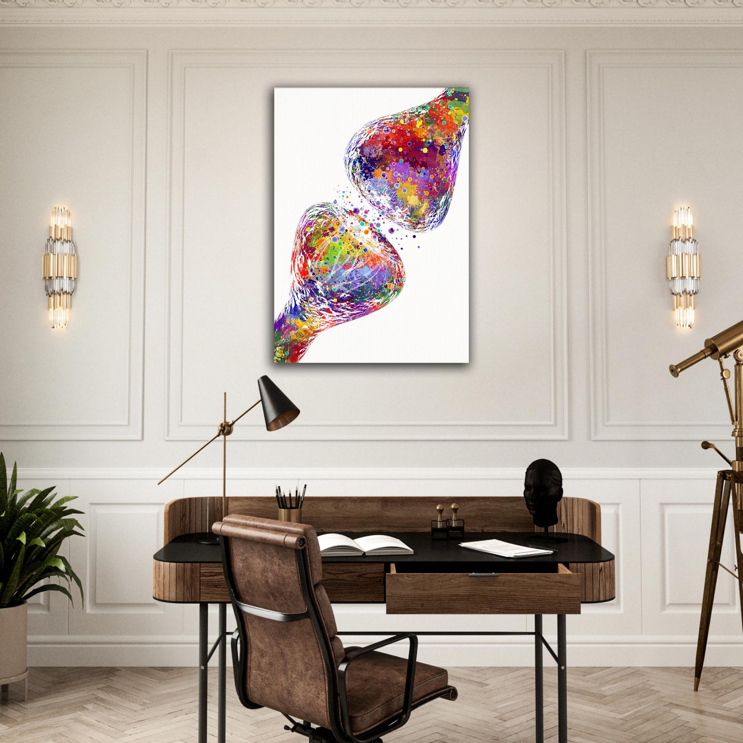 Art print on canvas of a multicolor watercolor artwork of the synapse receptor of brain anatomy - stretched medical decor.