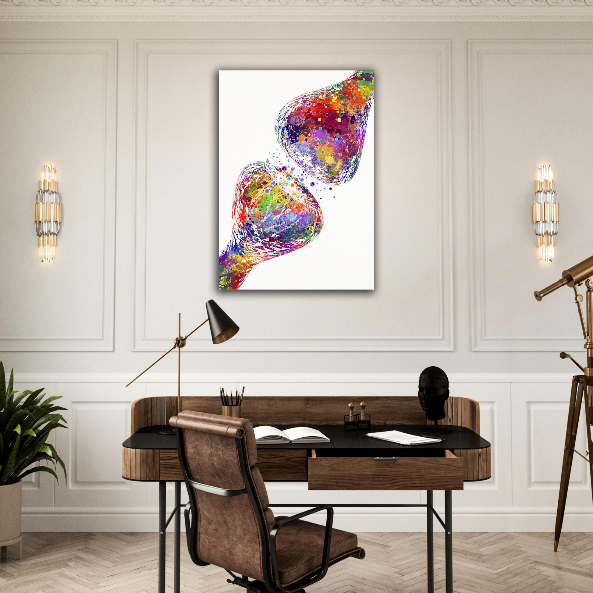 Art print on canvas of a multicolor watercolor artwork of the synapse receptor of brain anatomy - stretched medical decor.