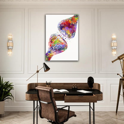 Art print on canvas of a multicolor watercolor artwork of the synapse receptor of brain anatomy - stretched medical decor.