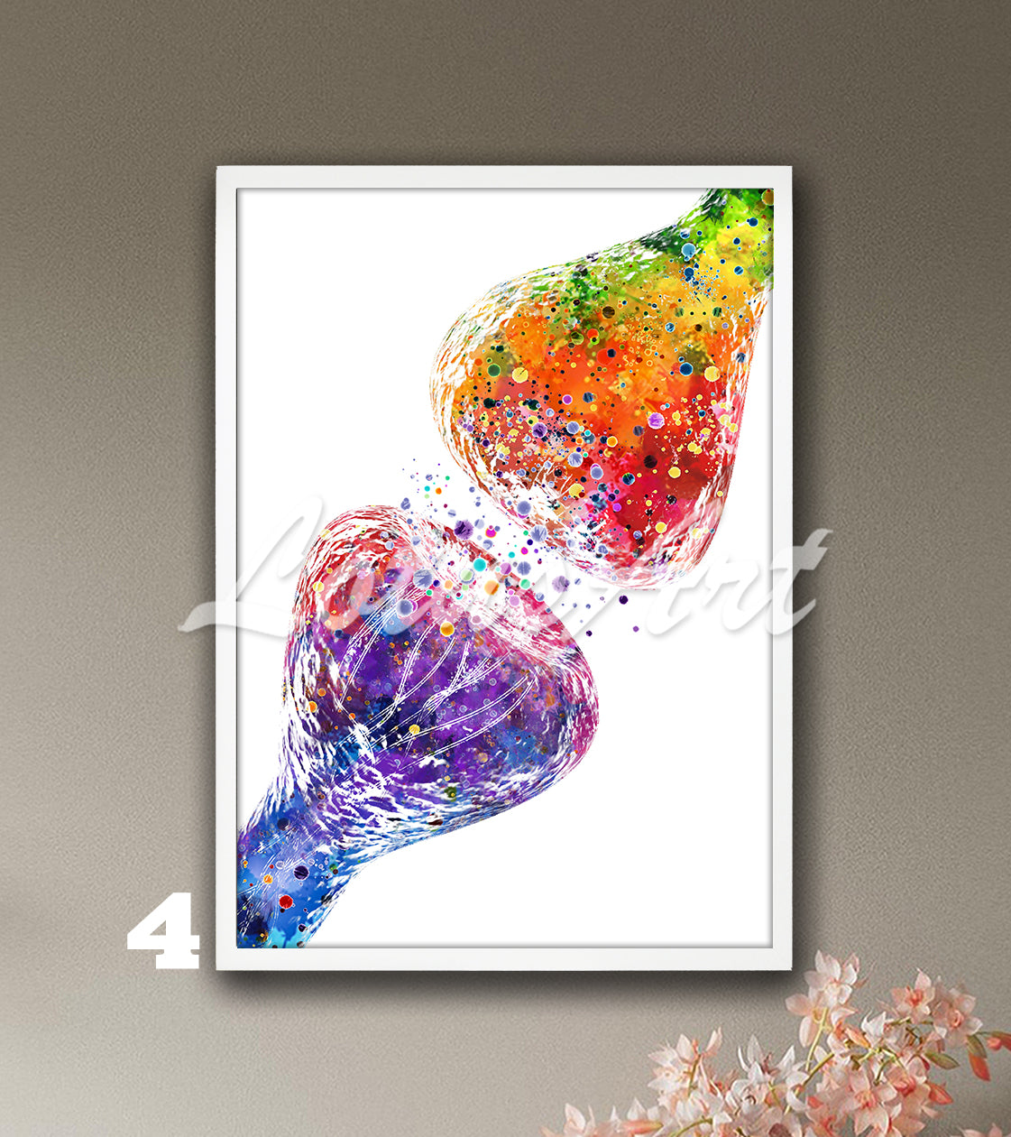 Art print of a watercolor painting of synapse brain nerve cells receptor in rainbow colors – science medical decor.