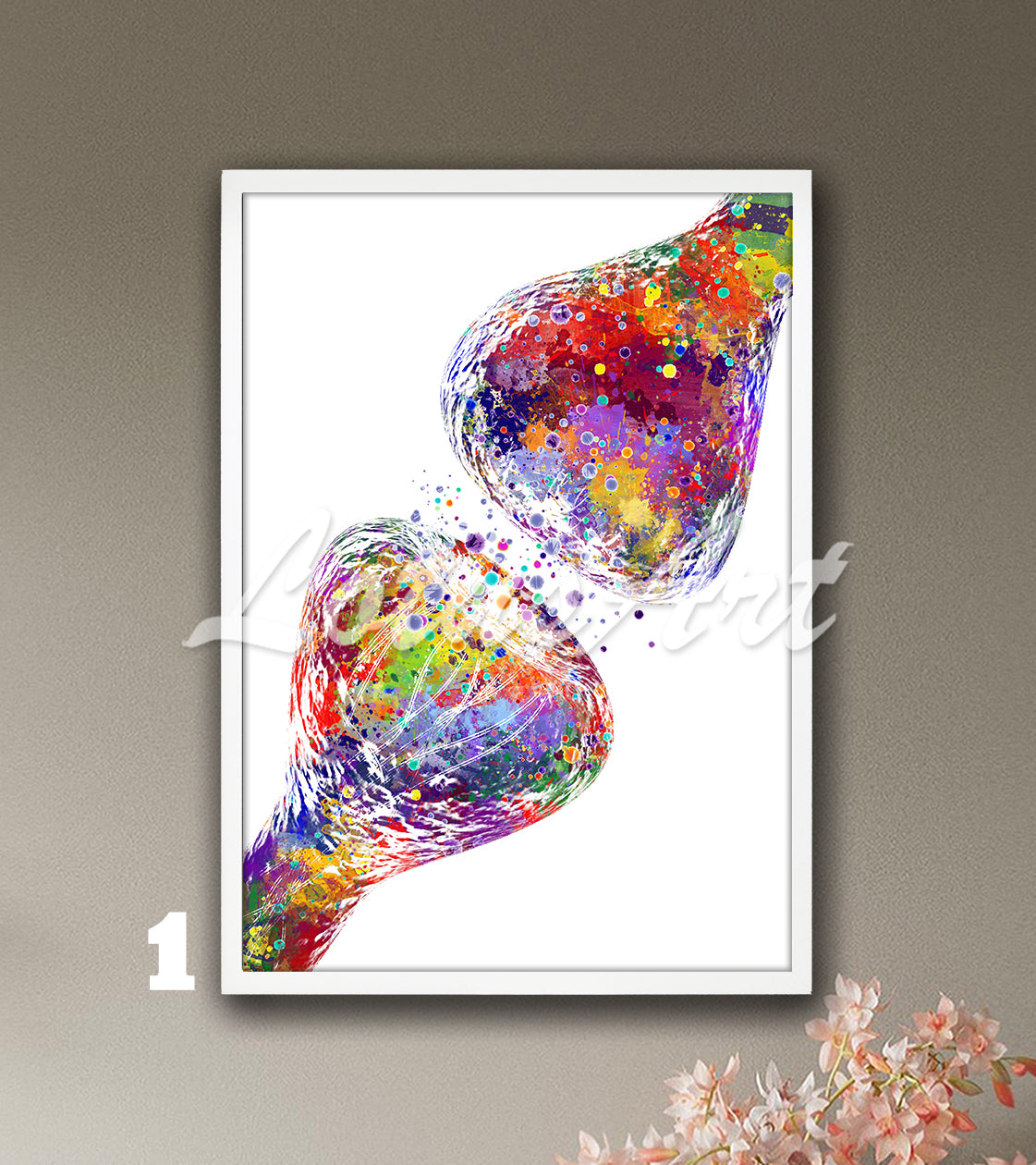 Art print of beautiful watercolor painting of synapse brain nerve cells receptor – multicolor science wall decor.