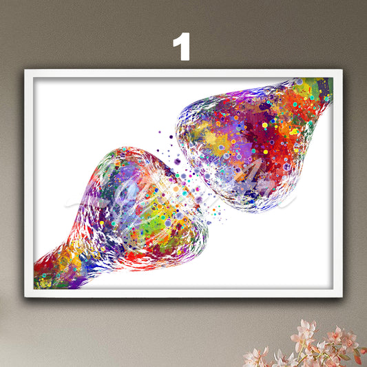 Synapse brain neuron watercolor anatomy art print – multicolor neuroscience wall decor.