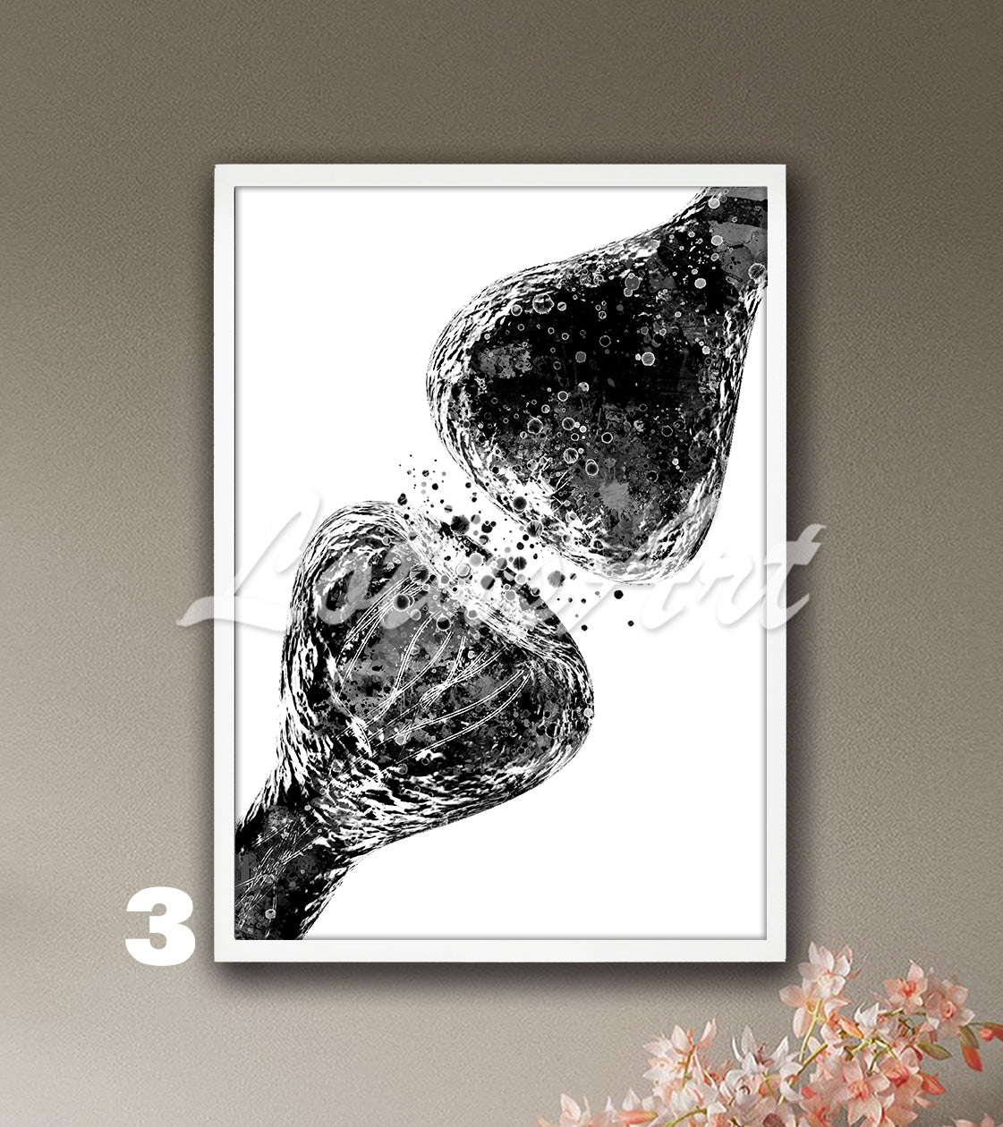 Black-white art print of watercolor painting of synapse brain nerve cells receptor – artistic science wall decor.