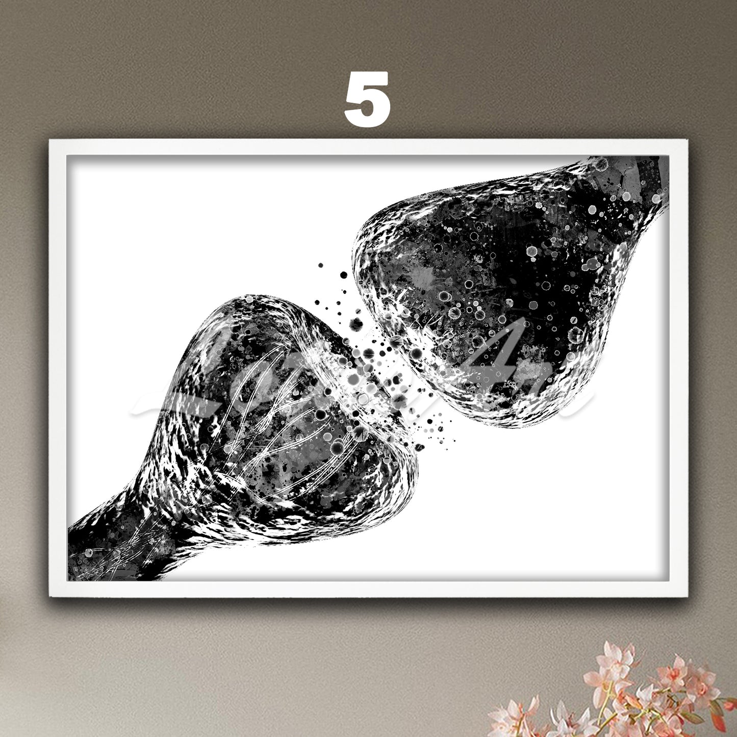Synapse neuron anatomy art print – black-white minimalist style – modern neuroscience wall art.