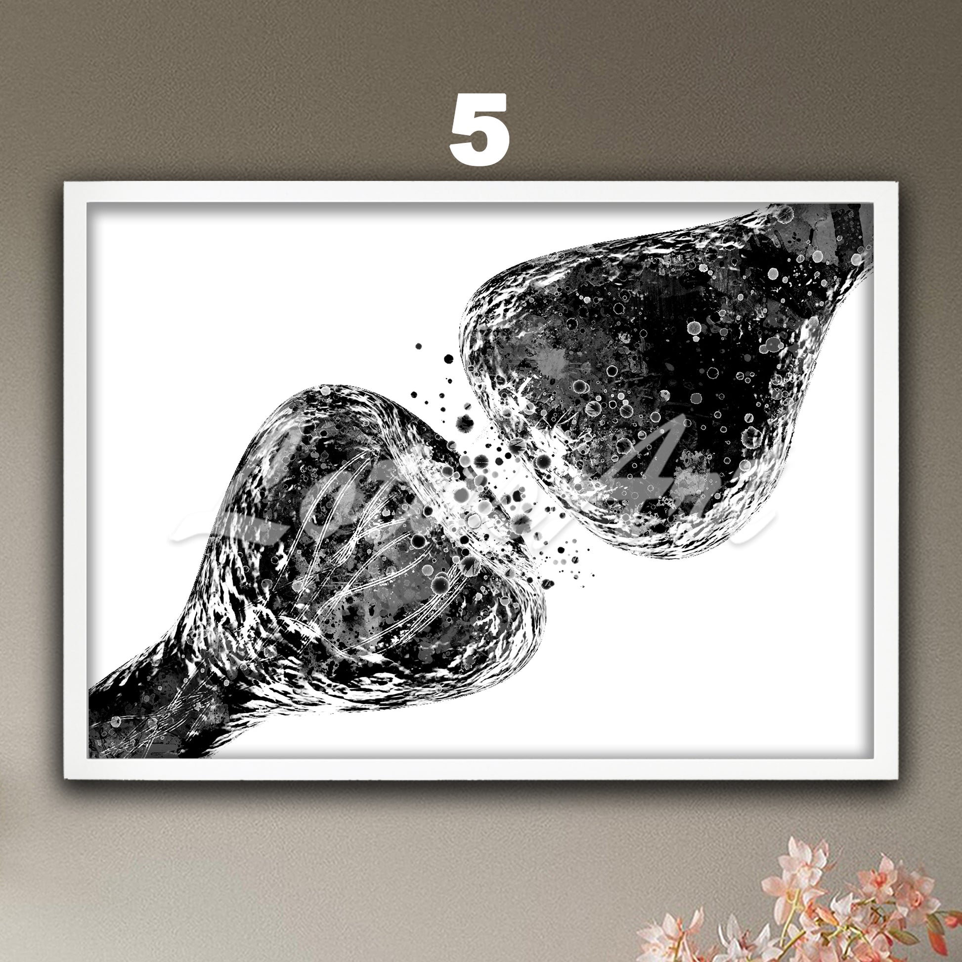 Synapse neuron anatomy art print – black-white minimalist style – modern neuroscience wall art.