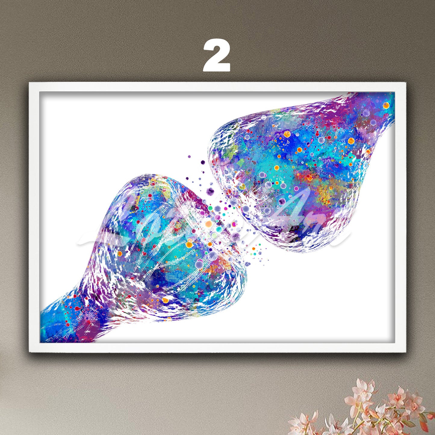 Synapse neuron anatomy watercolor art print – blue-purple brain cell design – science wall decor.