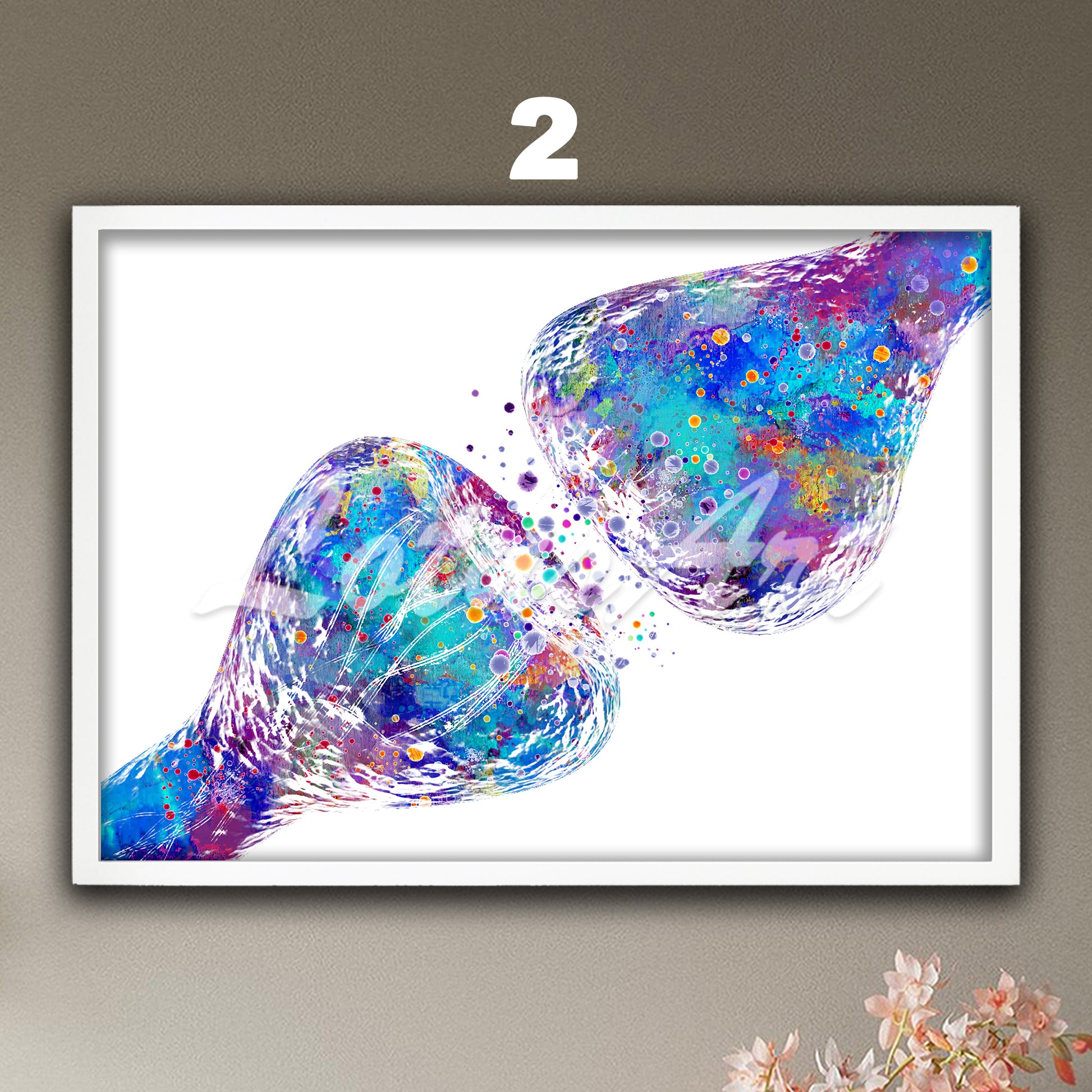 Synapse neuron anatomy watercolor art print – blue-purple brain cell design – science wall decor.