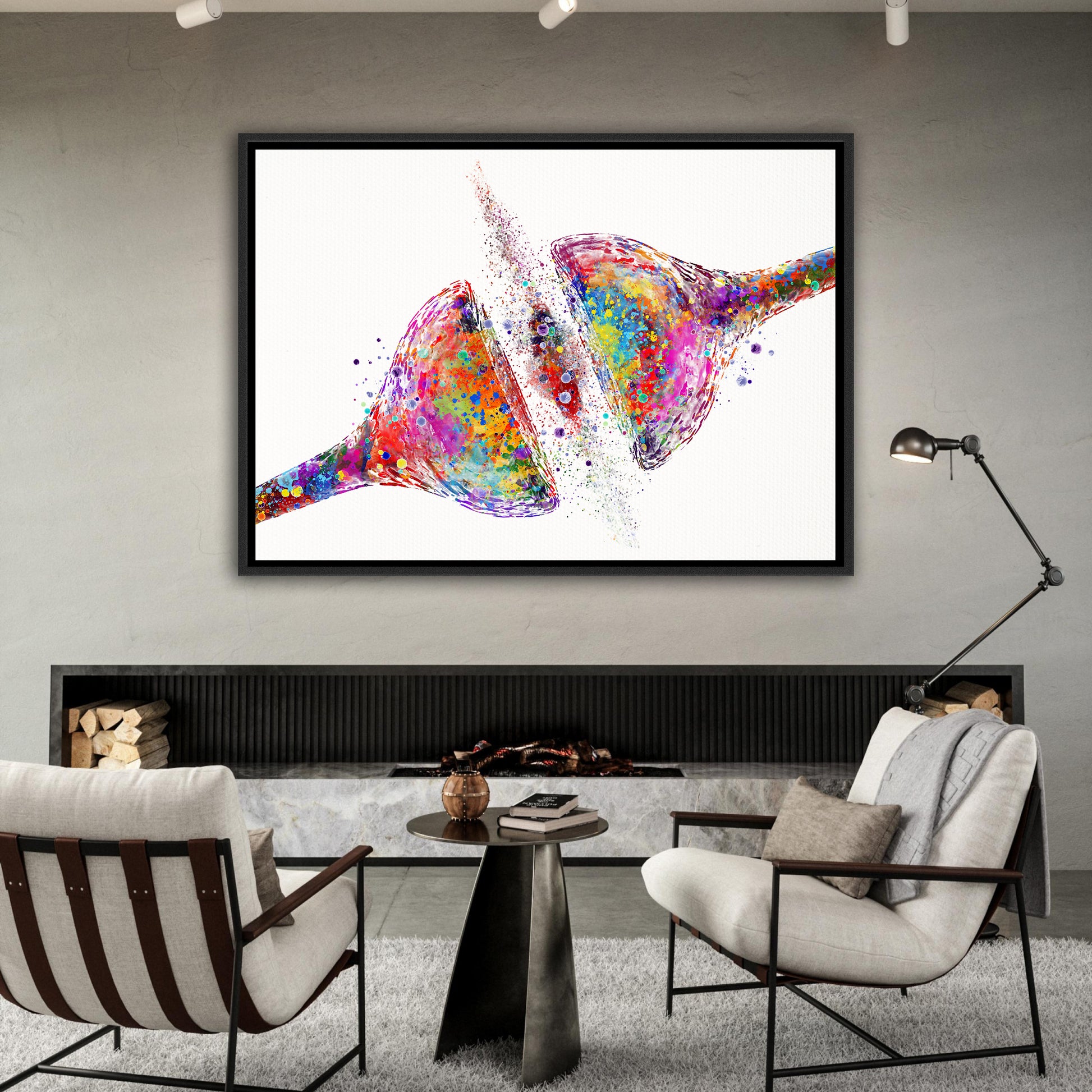 Art print on canvas of a multicolor watercolor painting of synapse receptor of the brain cell – medical science decor.