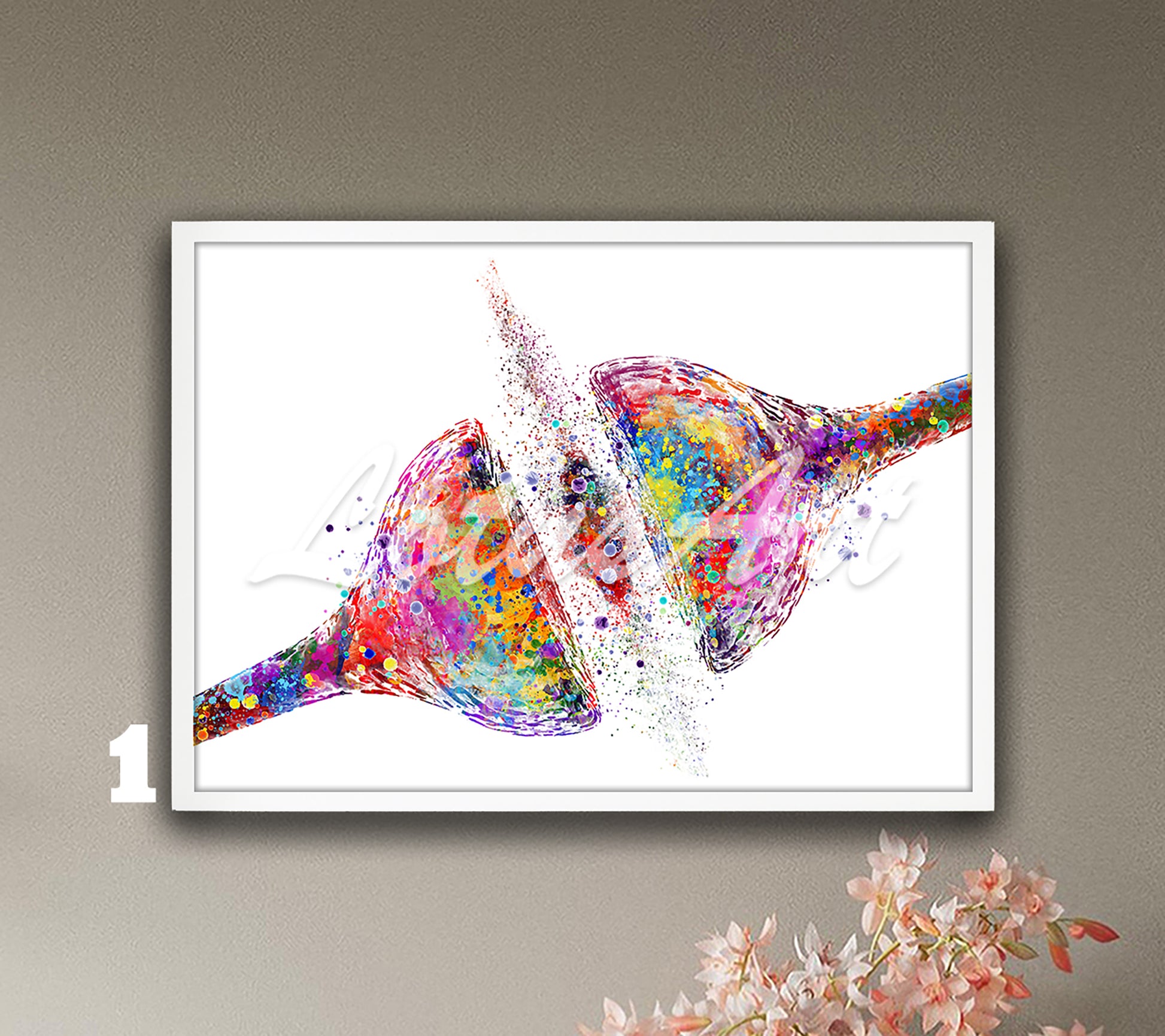Artistic synapse and brain cell receptor watercolor illustration – multicolor science wall art print.