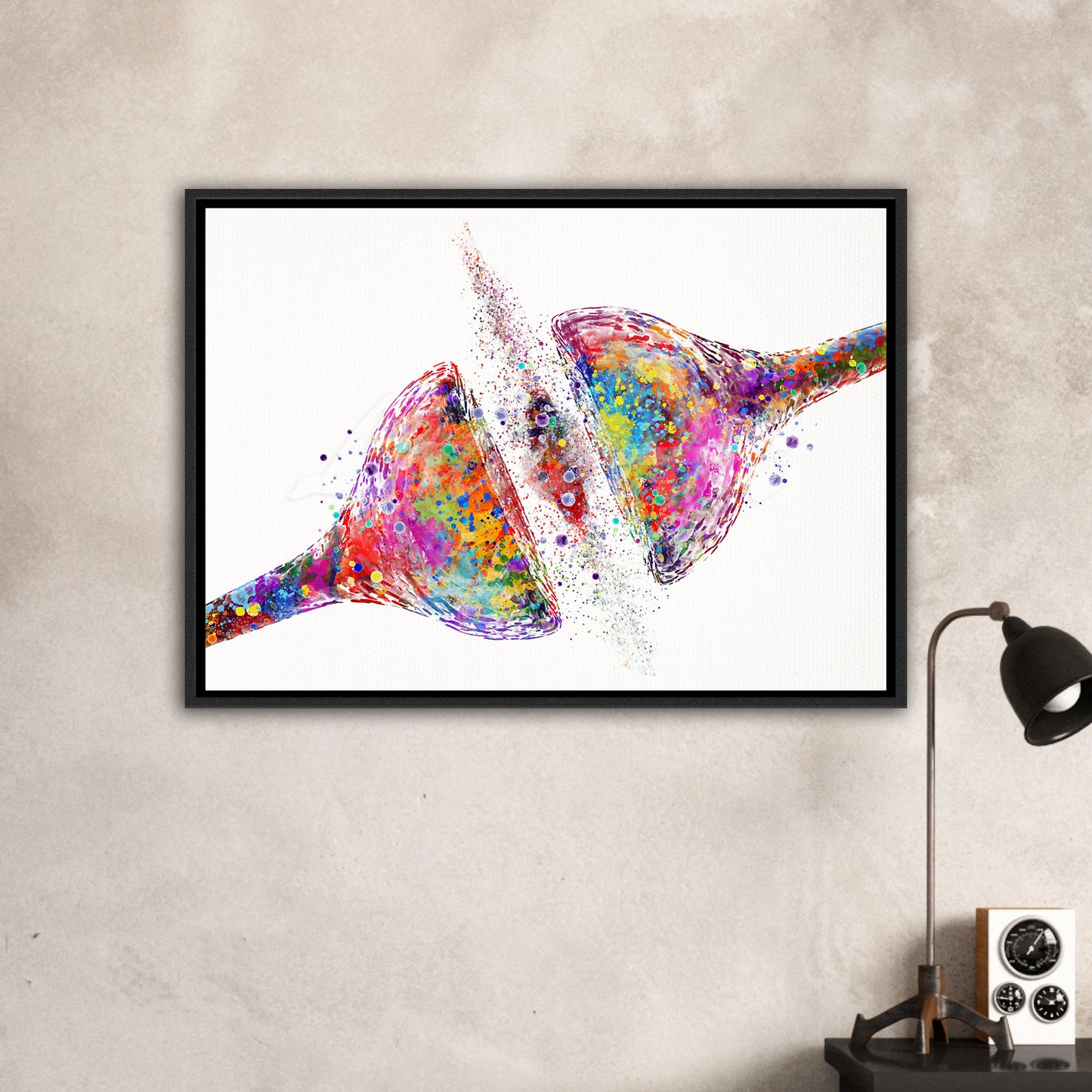 Framed canvas art print of a watercolor artwork of synapse receptor of the brain cell – medical neuroscience decor.