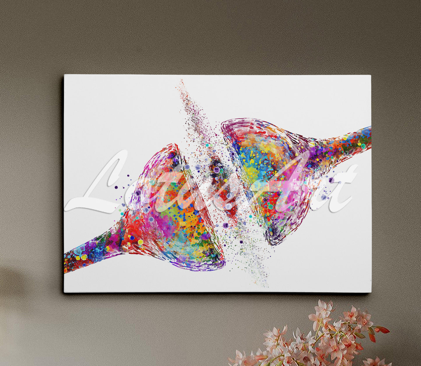 Multicolor canvas art print of a watercolor artwork of synapse receptor of the brain cell – medical science decor.