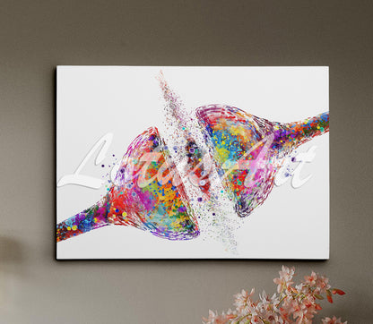 Multicolor canvas art print of a watercolor artwork of synapse receptor of the brain cell – medical science decor.