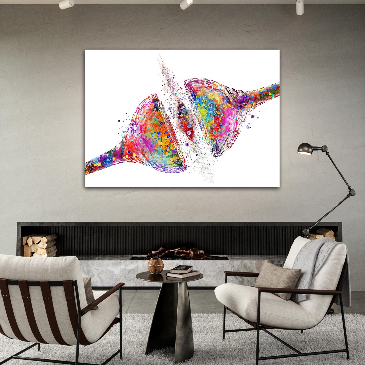 Canvas art print of a colorful watercolor painting of synapse receptor of the brain cell – medical neuroscience decor.