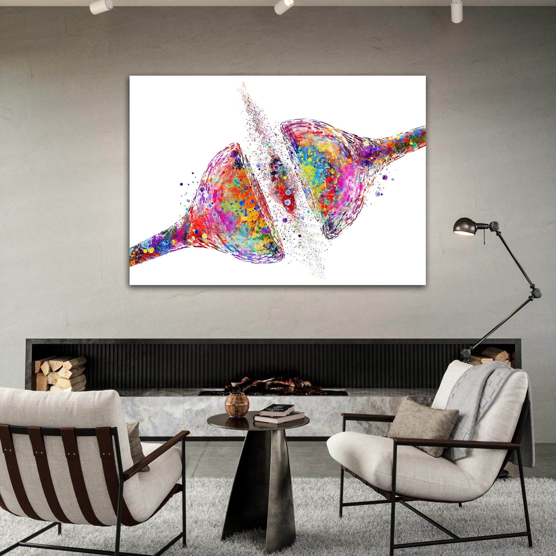 Canvas art print of a colorful watercolor painting of synapse receptor of the brain cell – medical neuroscience decor.