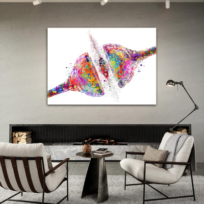 Canvas art print of a colorful watercolor painting of synapse receptor of the brain cell – medical neuroscience decor.