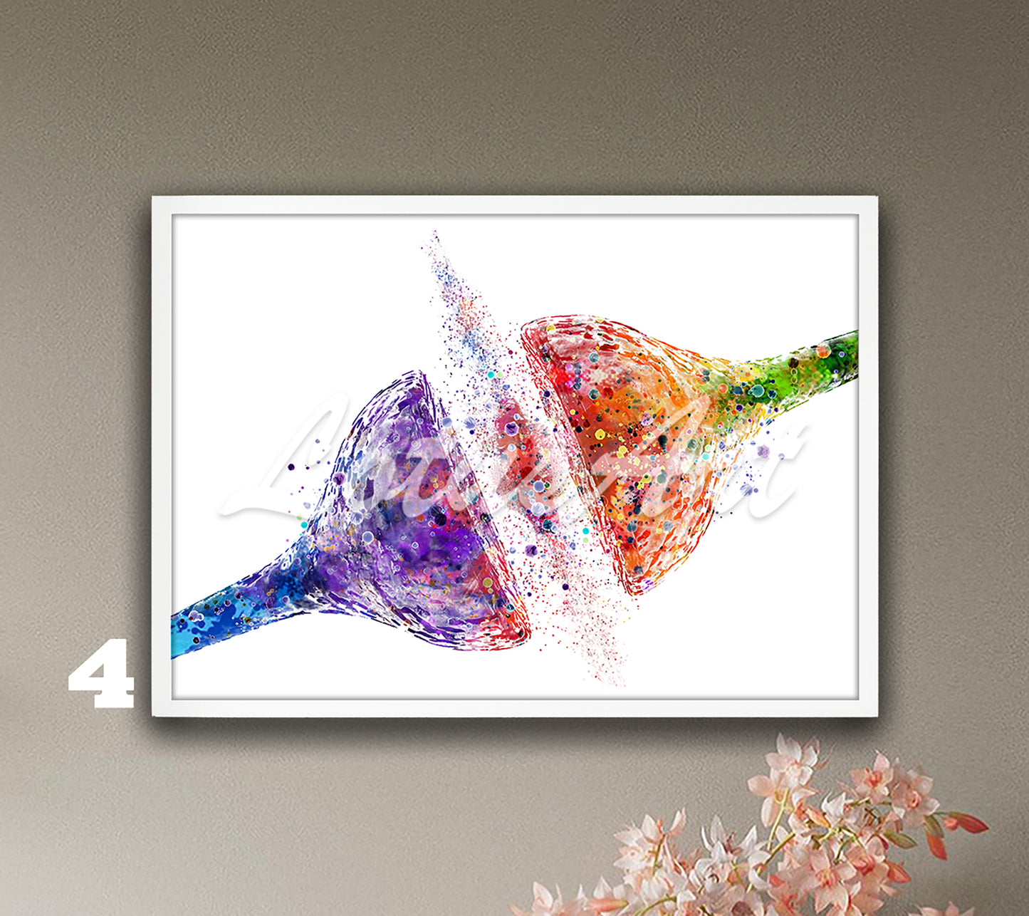 Dynamic watercolor painting of synapse brain nerve cells receptor – science wall art print in rainbow colors.