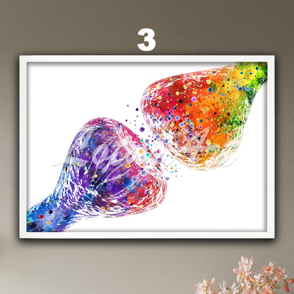 Synapse neuron watercolor anatomy art print – rainbow colors – artistic medical wall art.