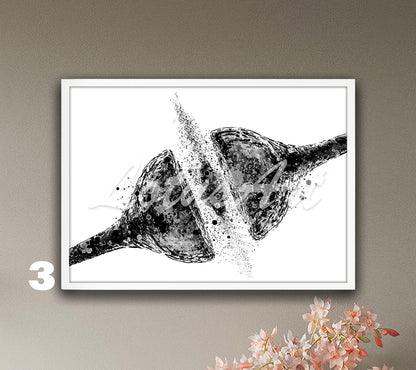 Brain cell synapse receptor watercolor artwork in black and white, medical neuroscience print & doctor gift for clinics
