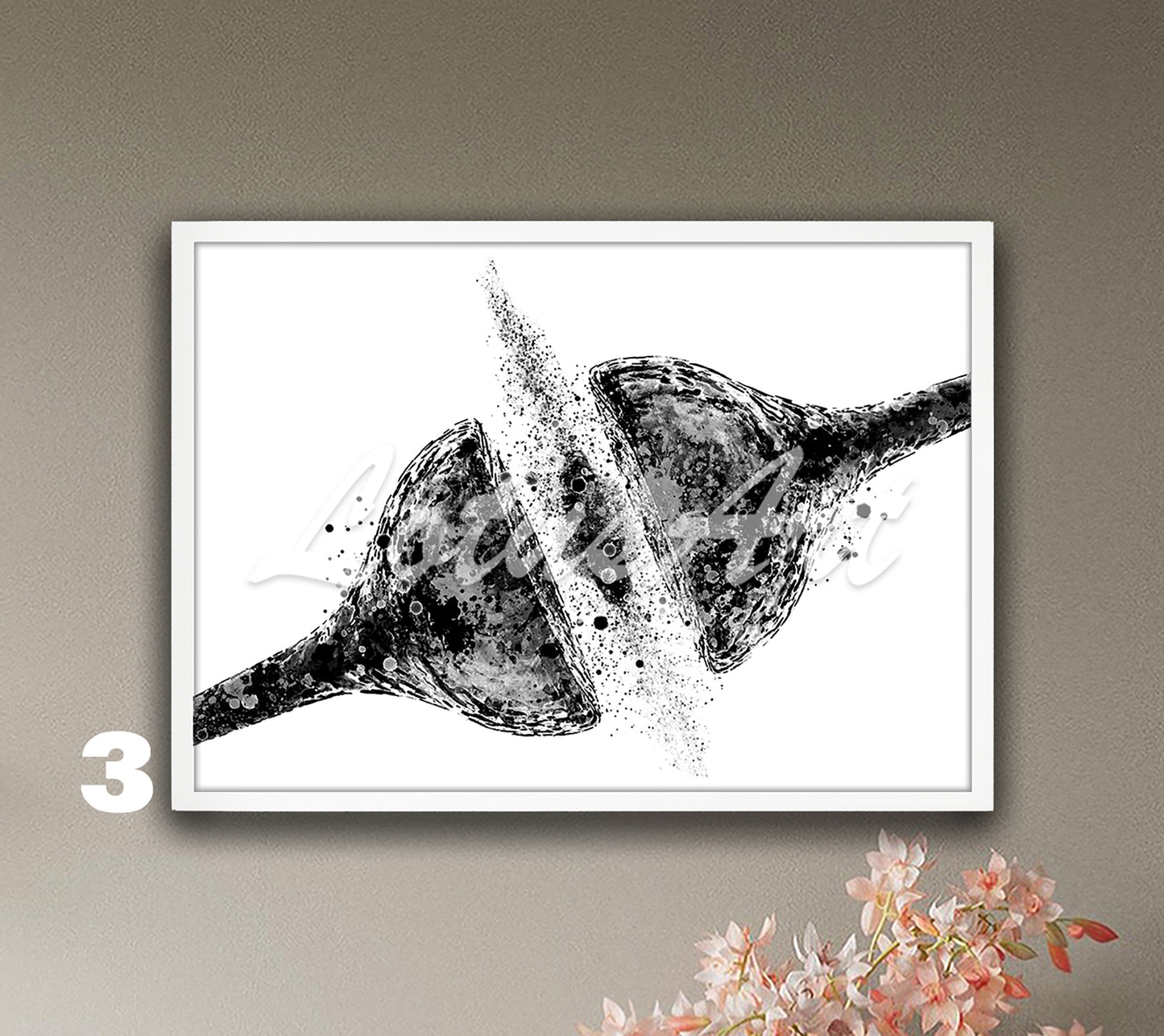 Stunning synapse brain nerve cell receptor watercolor painting – modern black-white science wall art print.