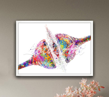 Synapse receptor connection watercolor art print in vibrant tones - neurology medical wall decor