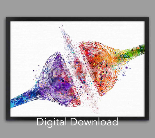 Synapse watercolor art in rainbow, brain nerve cell anatomy, instant digital download for medical office & clinic decor