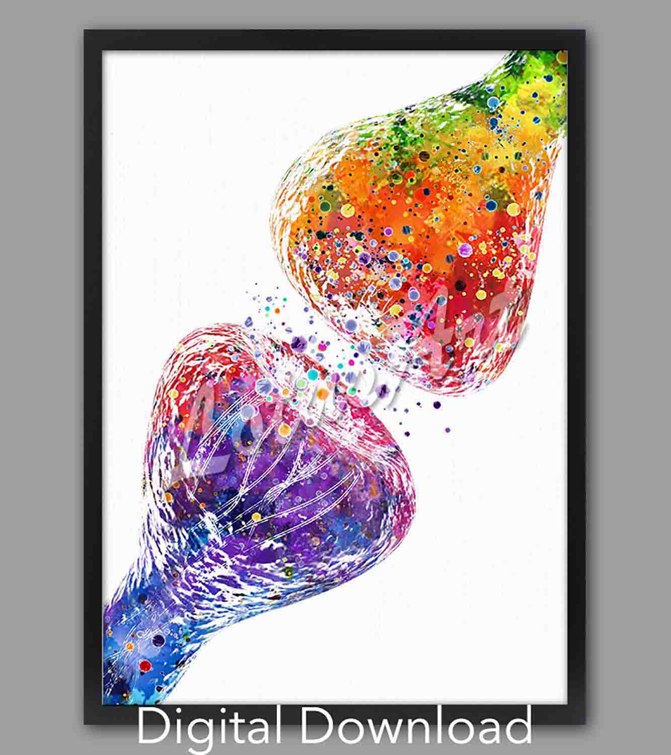 Synapse receptor watercolor print, rainbow neurotransmitters, brain anatomy poster, instant digital download for medical decor