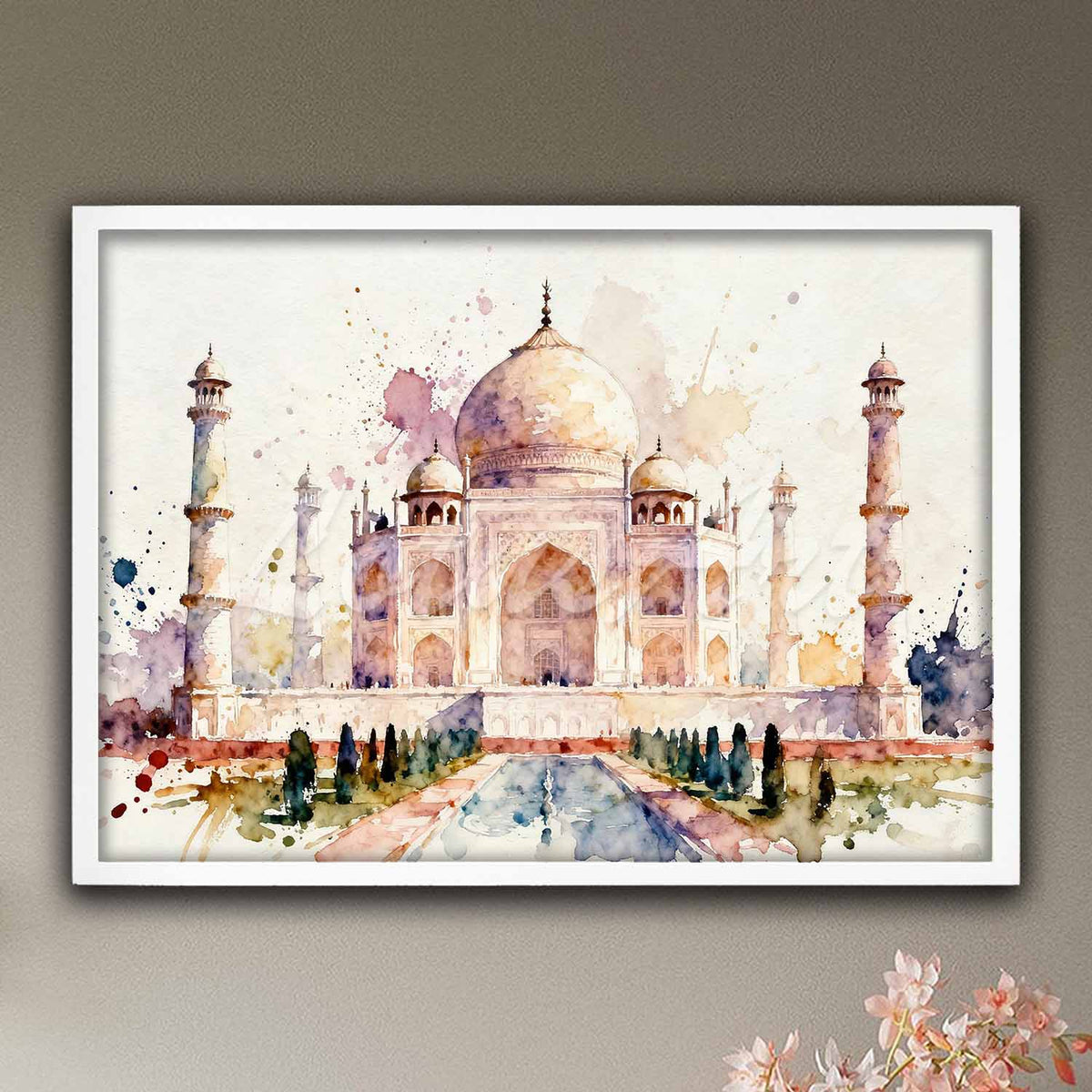 Taj Mahal watercolor art print in white wooden frame, Agra India landmark wall decor & traveler gift
