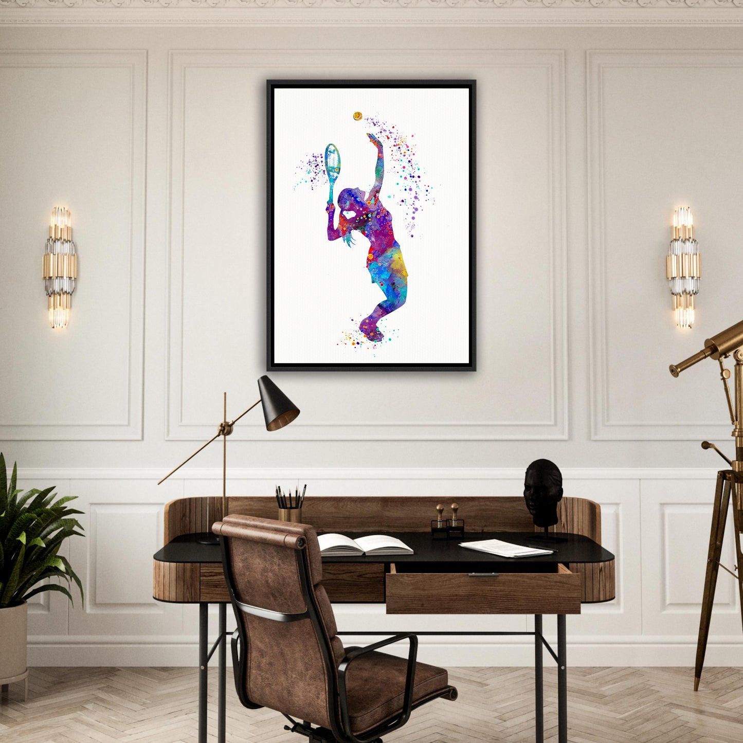 Tennis girl framed canvas wall art - multicolor watercolor sports print in home office interior