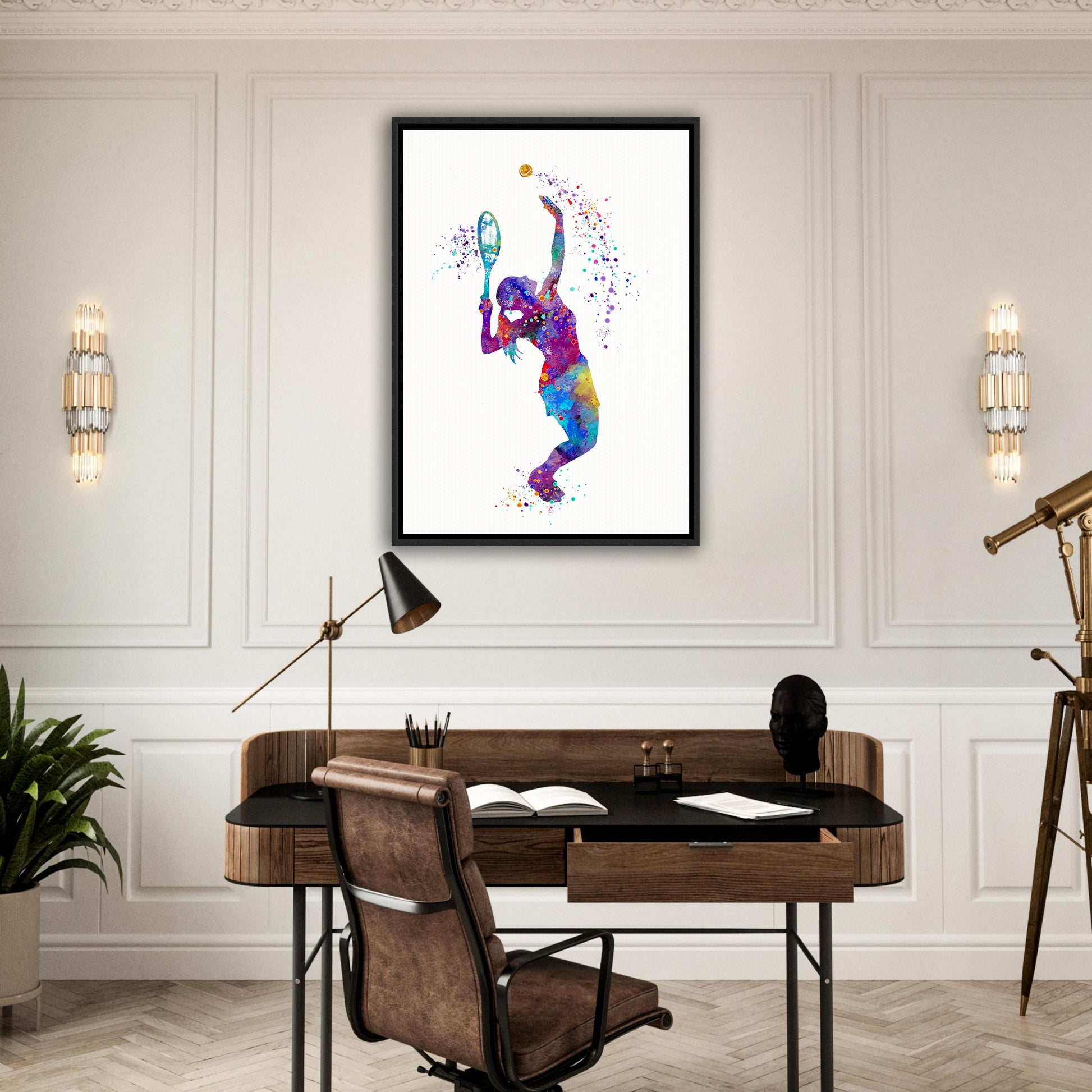 Tennis girl framed canvas wall art - multicolor watercolor sports print in home office interior
