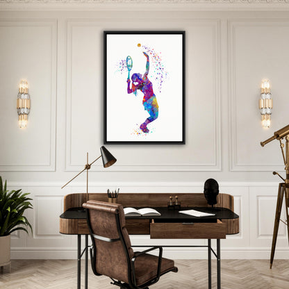 Tennis girl framed canvas wall art - multicolor watercolor sports print in home office interior