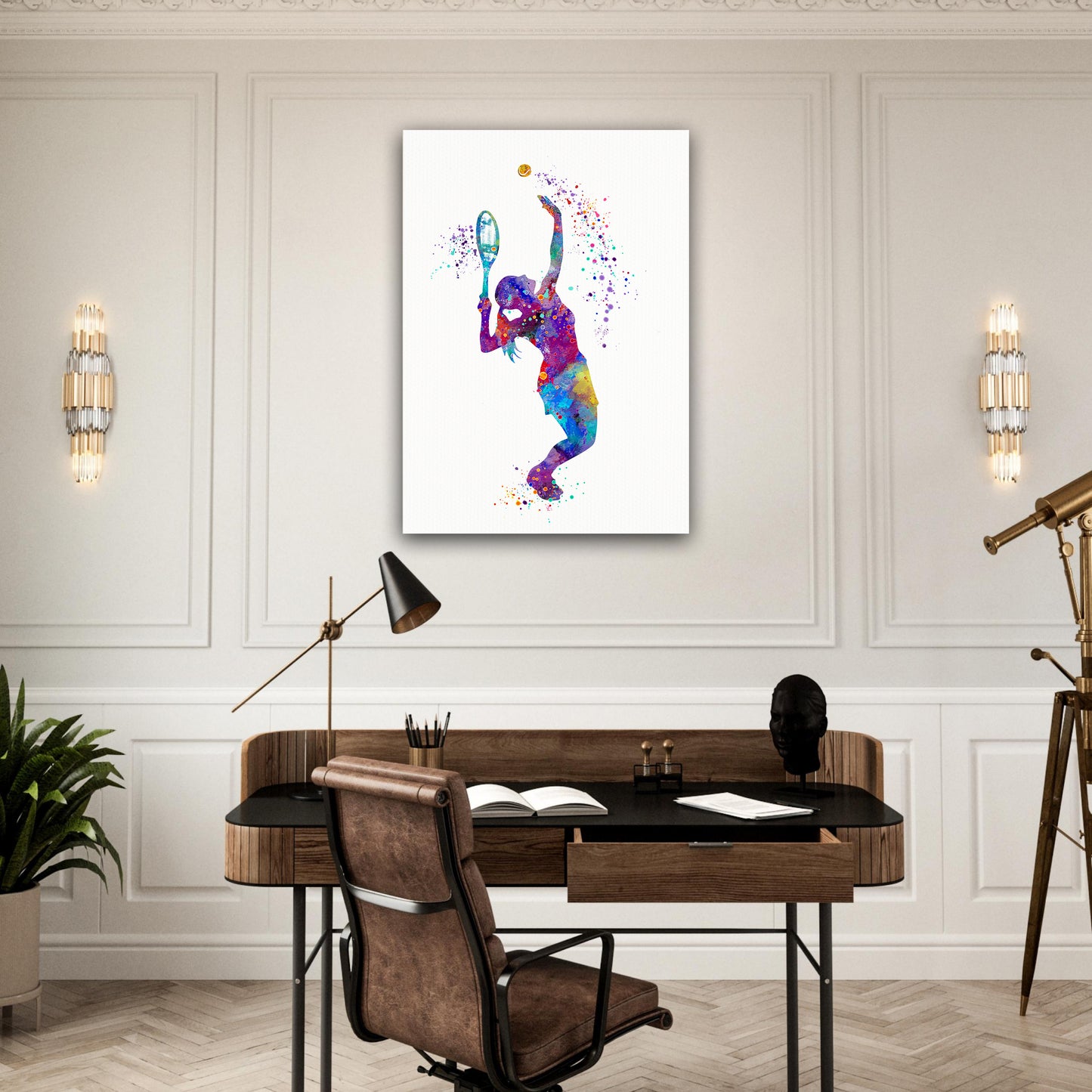 Tennis girl stretched canvas painting - multicolor sports watercolor wall art in light home office