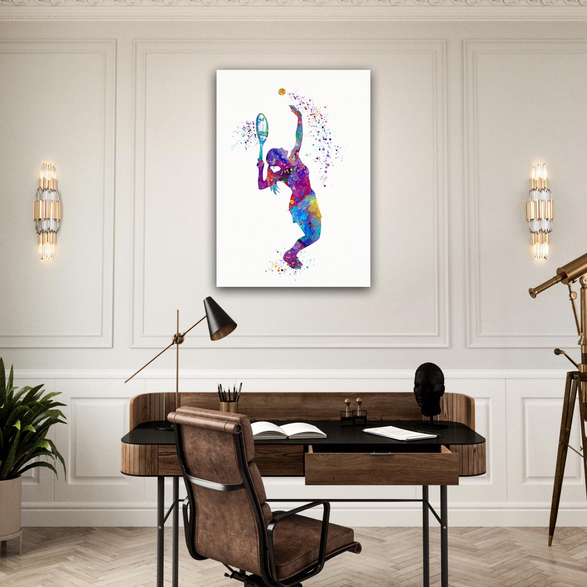 Tennis girl stretched canvas painting - multicolor sports watercolor wall art in light home office