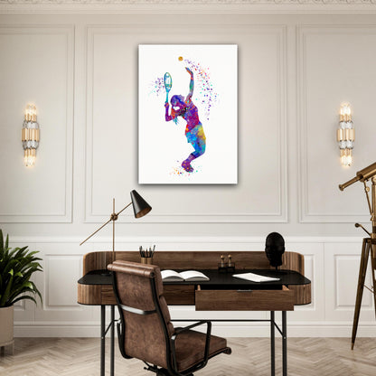 Tennis girl stretched canvas painting - multicolor sports watercolor wall art in light home office