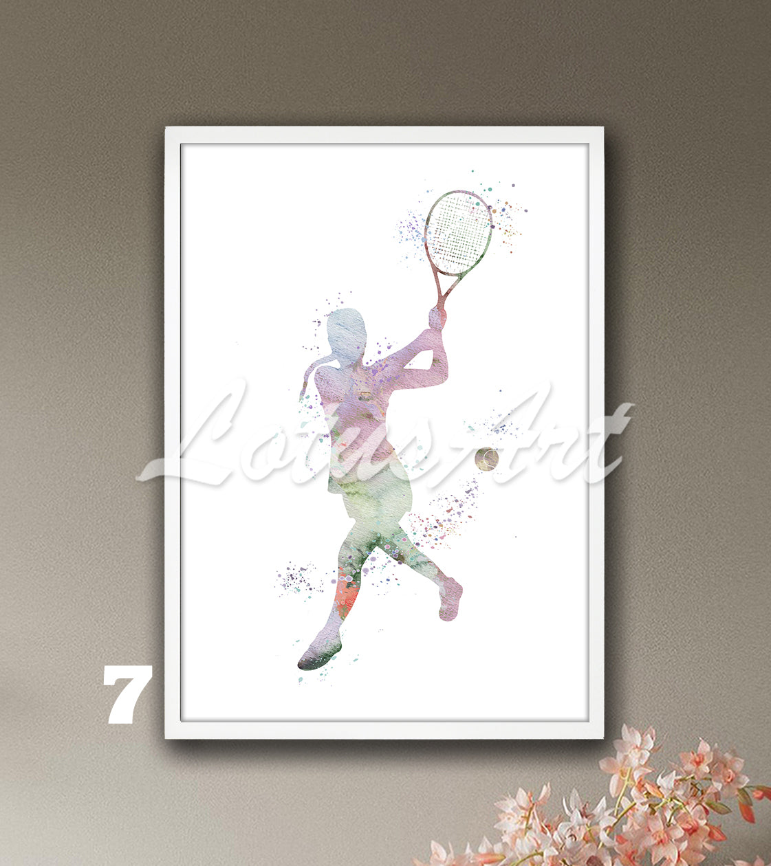 Sports art print depicting a girl tennis player – watercolor painting in soft pastel colors.
